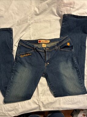 Apple Bottoms Women's Dark Blue Denim Bootcut Jeans with Orange Embroidery